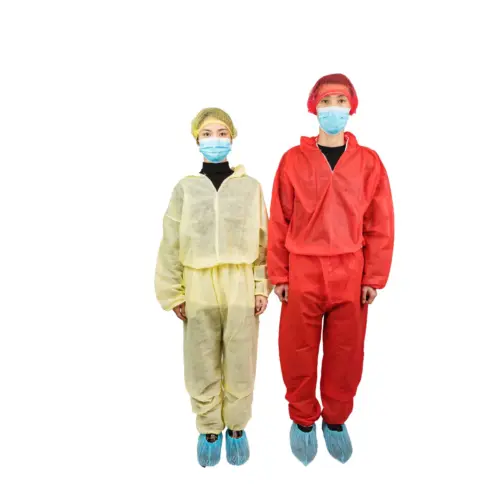 Two workers in protective coveralls and masks Two workers stand side by side wearing colored protective coveralls, hair covers, face masks, and blue shoe covers