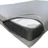 A silver zippered mattress cover is partially open, revealing a white mattress inside its protective storage enclosure.